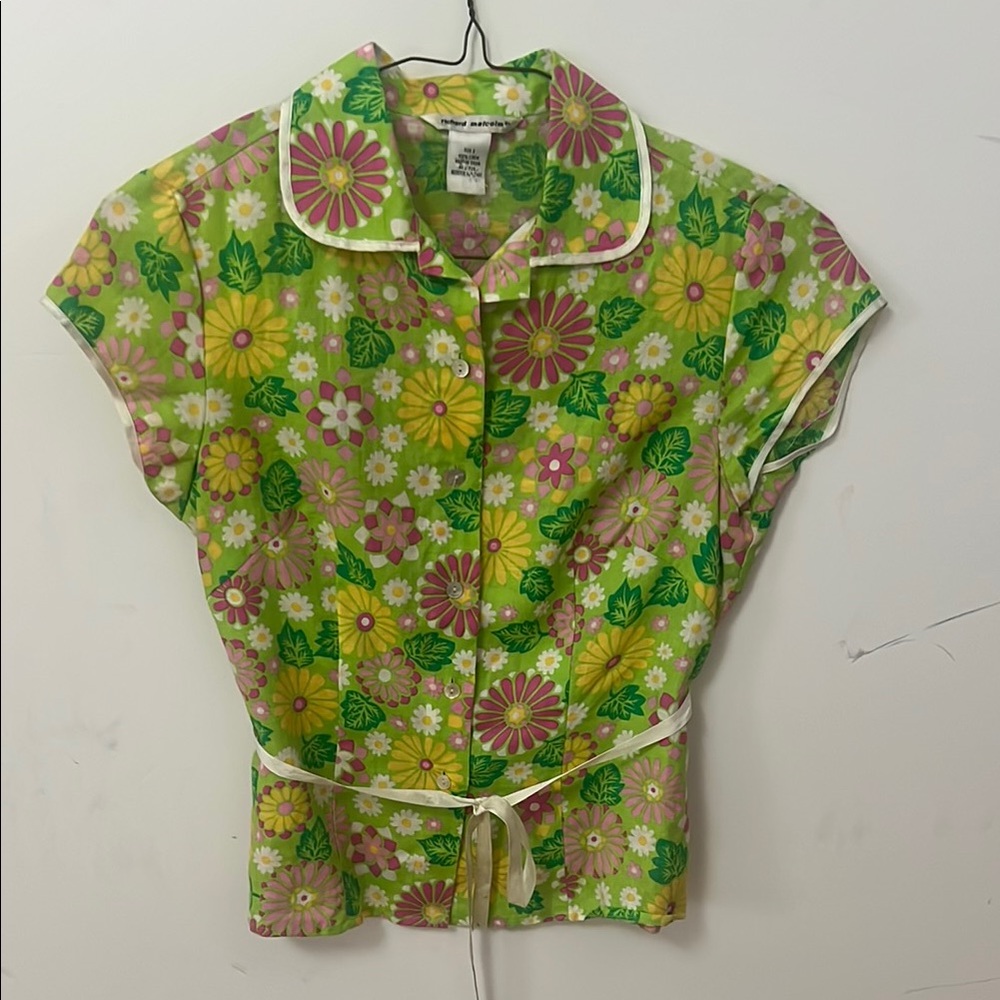 Richard Malcolm Floral Green and Pink linen Women's Top Size s